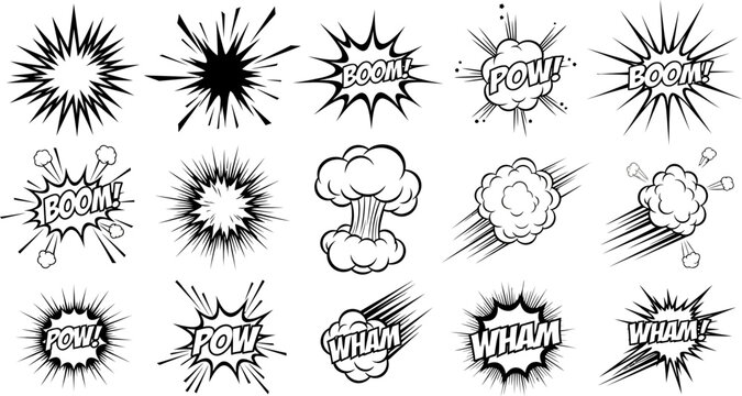Comic book explosion and impact effects with boom pow wham text  various cartoon illustrations