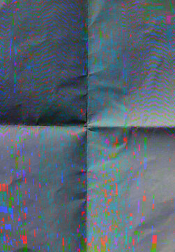 Abstract colorful glitch texture on a folded paper surface creating a digital distortion effect. Vibrant RGB noise, signal interference, and data corruption patterns.