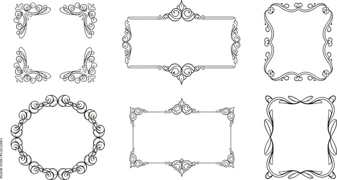 set of vintage ornate frames borders and corners for graphic design decoration  empty decorative illustrations