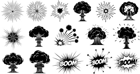 Collection of various explosion and boom graphic illustrations in black and white © Badhon