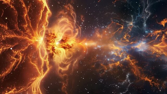 Vibrant orange and blue cosmic explosion in outer space with stars and nebulae 4k video