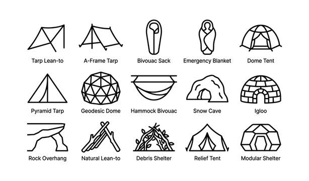 Outdoor shelter icons: tents, tarps, bivouac, igloo, geodesic dome, emergency blanket