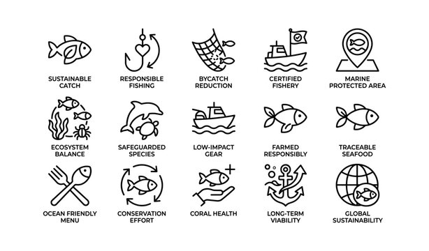 Icons representing sustainable fishing practices and marine conservation efforts