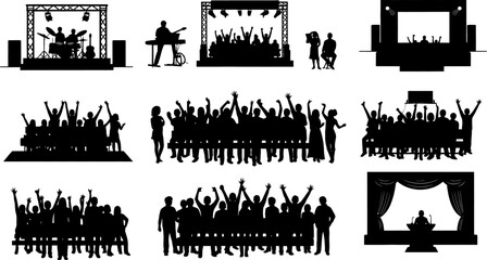 Obraz premium Silhouette of people at music festival with band on stage and audience cheering various concert scenes