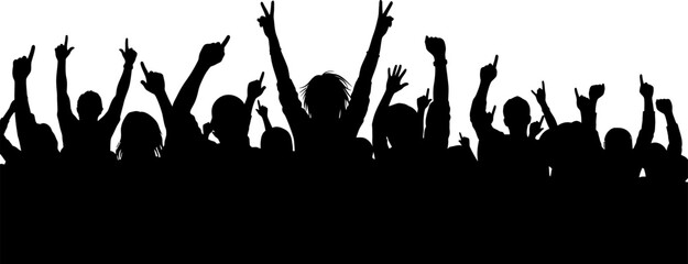 silhouette of a crowd of people with their hands raised in the air making gestures