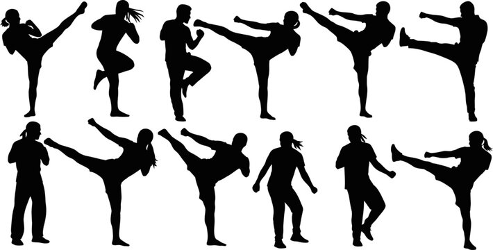 Silhouettes of people practicing martial arts in various kicking and punching poses
