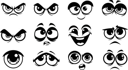 Collection of various cartoon eyes and facial expressions on white background © Badhon