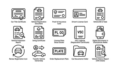 Vehicle document icons: registration, license, insurance, inspection, ownership transfer