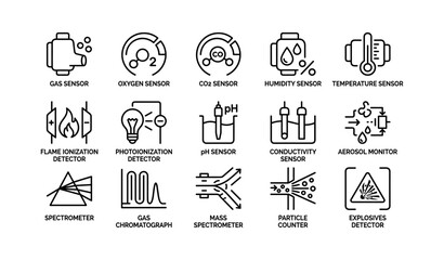 Icons of various sensors and detectors for scientific applications