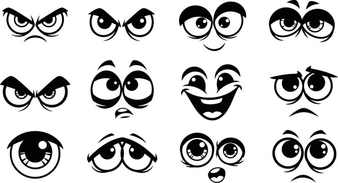 Collection of various cartoon eyes and facial expressions on white background