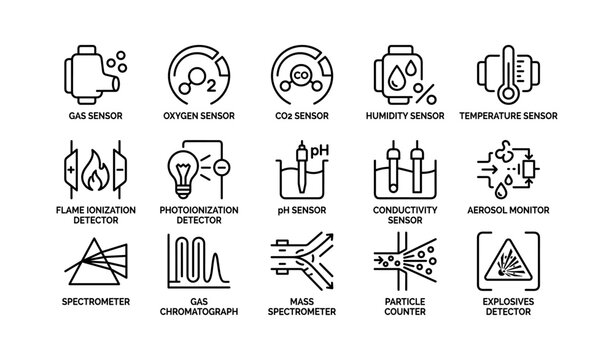 Icons of various sensors and detectors for scientific applications