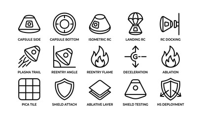 Rocket launch components and mechanisms icon set