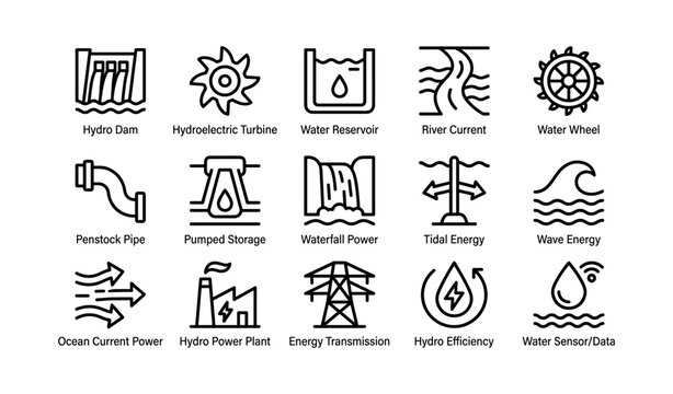 Renewable energy icons collection featuring hydro, tidal, and wave power symbols