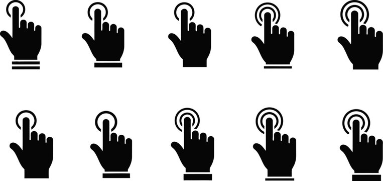 black hand icons pointing with index finger and clicking on circles on white background