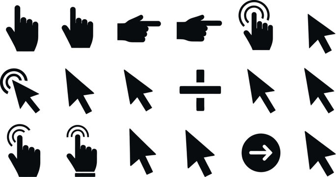 collection of black computer mouse cursor and hand icons for navigation and interaction isolated on white background
