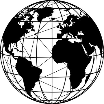 black and white illustration of a globe with lines connecting continents on a white background