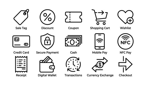 E-commerce icons: sale tag, discount, secure payment, mobile pay, checkout