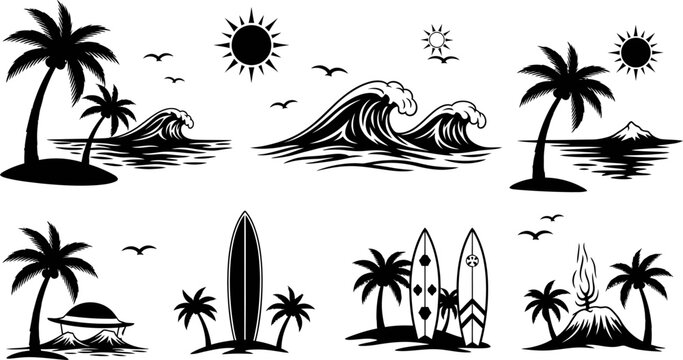Black silhouettes of tropical palm trees waves surfboards and sun on white background