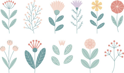Naklejka premium Colorful minimalist floral illustrations on white background for design projects