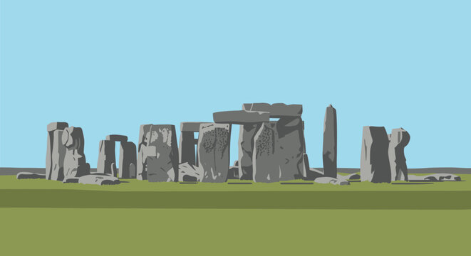 Ancient Enigmatic Stonehenge Monument Standing Tall on Green Grass Under Blue Sky