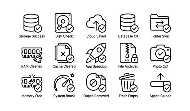 Technology icons representing storage and system optimization features