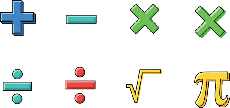 Colorful Mathematics Symbols Icon Set with Plus Minus Multiplication Division Square Root and Pi Signs for Education and Math Learning Vector Illustration