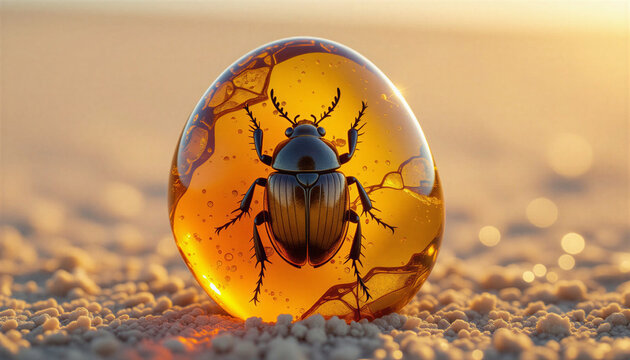  A beetle is frozen inside an amber drop. It has a dark, shiny chitinous covering. Its body is clearly divided into segments, and its legs and antennae are clearly visible, as if frozen in place.