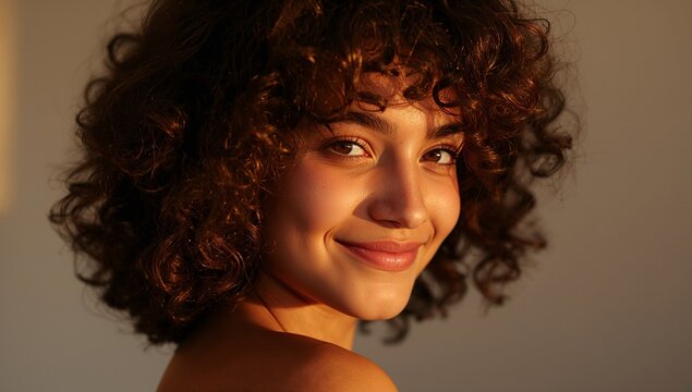 Looking woman turning head over left shoulder in studio, showing curly hair and exposed shoulders