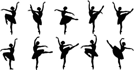 set of silhouettes of female ballet dancers in various poses on white background © Badhon