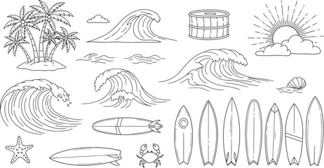 Black and white line drawing illustrations of various beach and surf themed objects and elements including waves palm trees surfboards starfish crab parasail bucket sun and clouds © Badhon