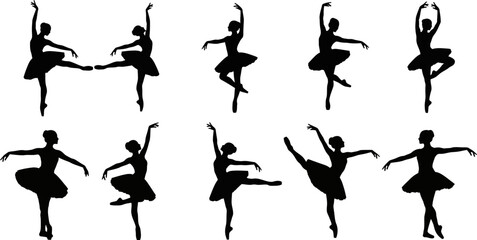 set of black silhouette ballerina dancers poses on white background © Badhon