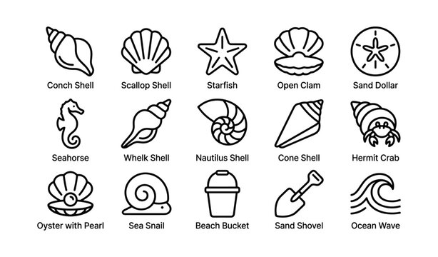 Seashell and ocean icons: shells, starfish, seahorse, beach items