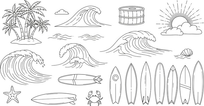 Black and white line drawing illustrations of various beach and surf themed objects and elements including waves palm trees surfboards starfish crab parasail bucket sun and clouds