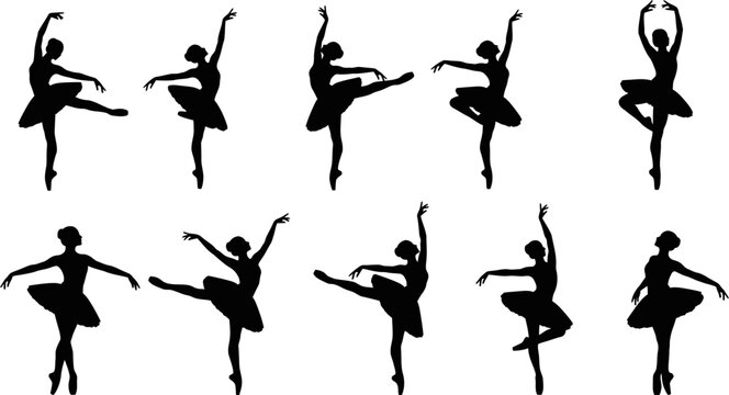 set of silhouettes of female ballet dancers in various poses on white background