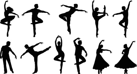 Collection of dancing people in various poses and outfits on white background © Badhon