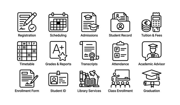 Education icons: registration, scheduling, admissions, student records