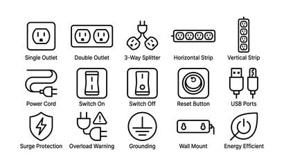 Fototapeta na wymiar Various electrical outlets and switches icons with power and safety symbols
