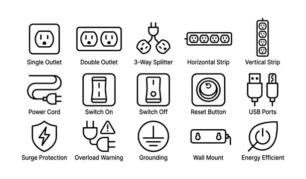Various electrical outlets and switches icons with power and safety symbols
