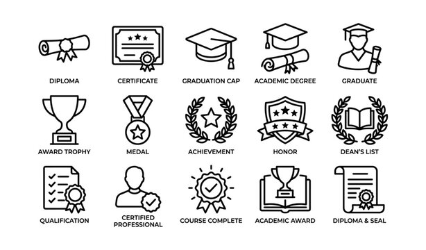 Education achievement icons: diplomas, awards, caps, and medals in outline style