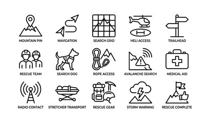 Search and rescue symbols: navigation, medical aid, avalanche safety icons