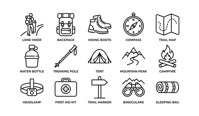 Fototapeta premium Essential hiking gear icons: backpack, compass, tent, boots, map, and more