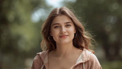 Naklejka premium Smiling woman with wavy brown hair posing in park, wearing hoodie, tank top and hoop earrings