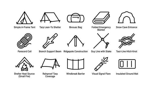Survival and camping gear icons: tents, knots, and emergency tools