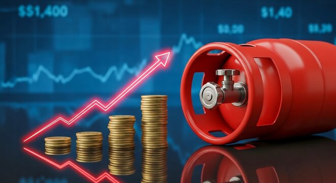 Red LPG Gas Cylinder with Rising Red Arrow Chart, Coins Stack, Propane Price Surge, Energy Fuel Cost Inflation Boom