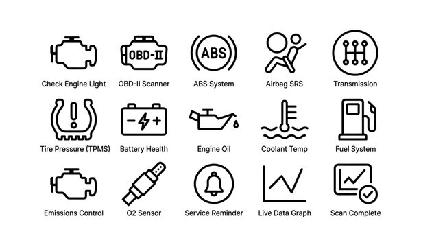 Automotive dashboard icons for vehicle diagnostic and maintenance