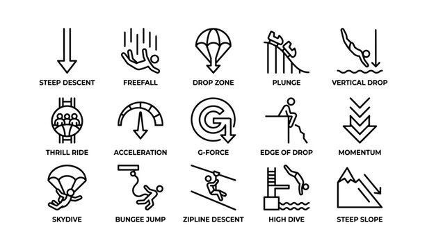 Extreme sports icons: descent, freefall, parachute, thrill, momentum