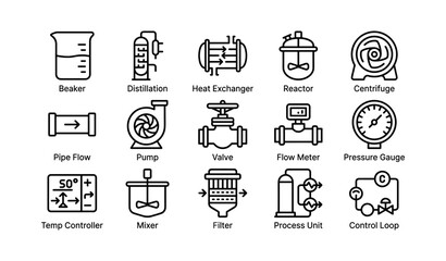Fototapeta premium Industrial equipment icons: beaker, distillation, heat exchanger, reactor, centrifuge, pump, valve