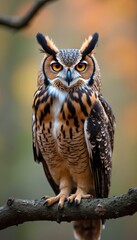 Naklejka premium Great Horned Owl perches on tree branch. Bird large orange eyes, distinctive ear tufts, patterned brown feathers. Looks alertly forward with sharp focus. Talons grip wood firmly. Background shows