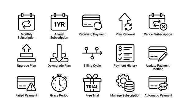 Subscription and payment icons for plans and billing management