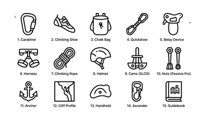 Fototapeta premium Essential climbing gear: carabiner, shoes, chalk bag, quickdraw, belay device, rope, helmet, cams